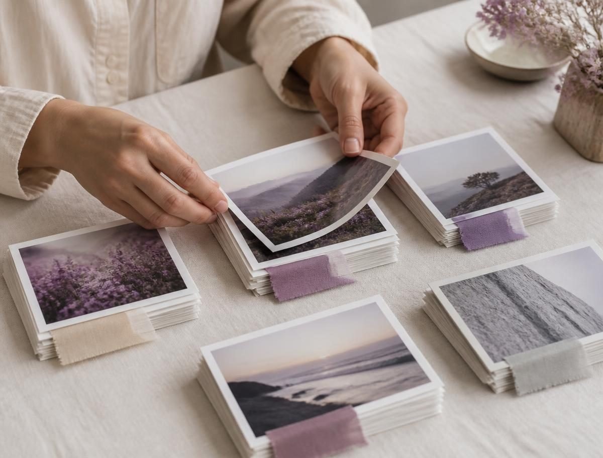 A photographer sorting printed photographs into labelled stacks