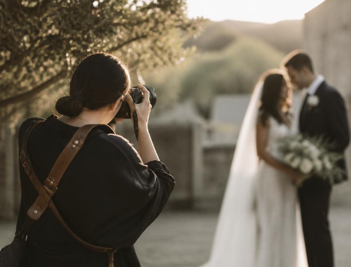 A wedding photographer working at golden hour